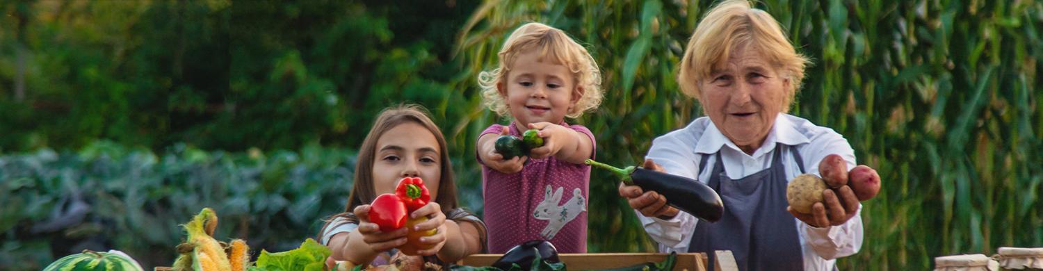 3 personnes avec des fruits et légumes sur une table