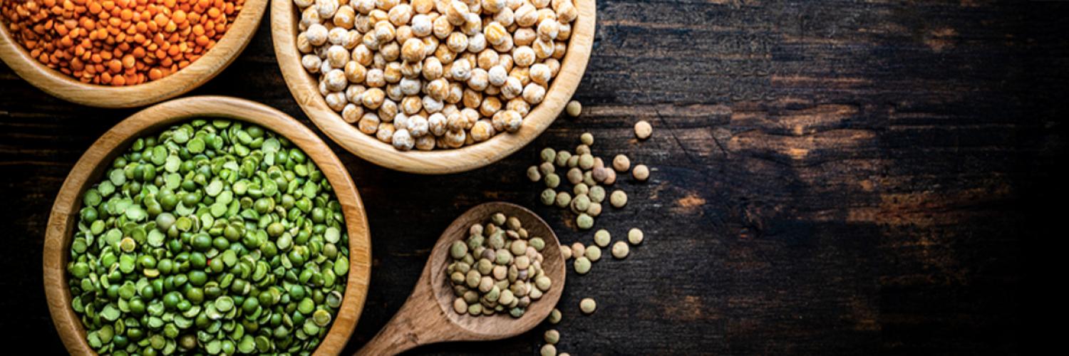 Légumineuses dans des bols et cuillères en bois