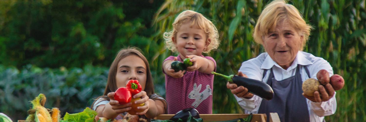 3 personnes avec des fruits et légumes sur une table