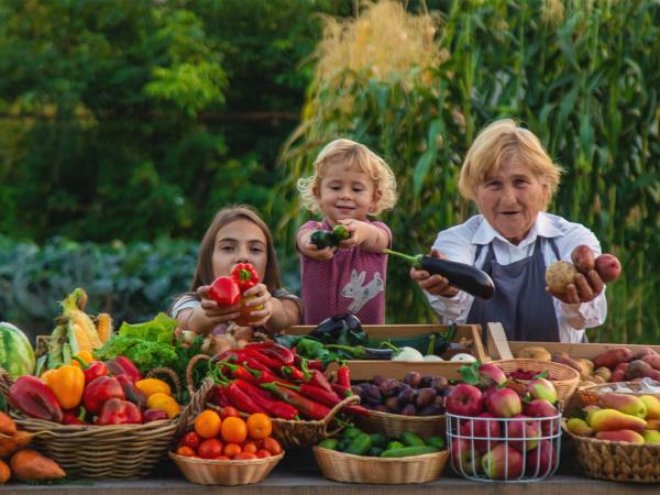 3 personnes avec des fruits et légumes sur une table