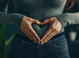 femme tient ses mains en cœur sur son ventre